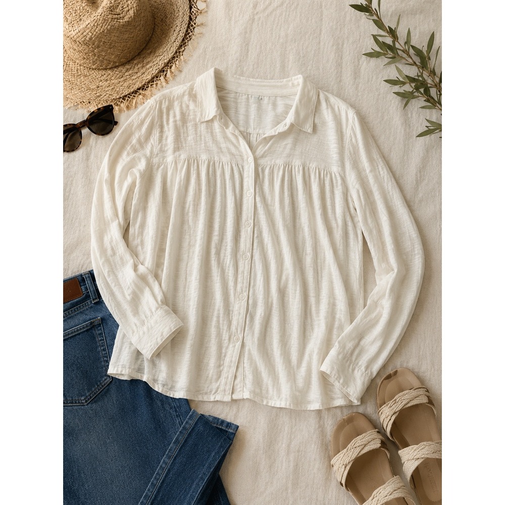 Sundance Womens White Slub Cotton Gathered Button Down Shirt Top Large Boho